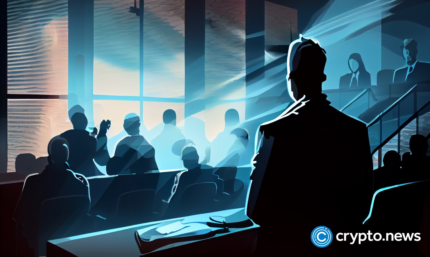 cryptonews law court people silhouettes haze daylight from windows holography cartoon style