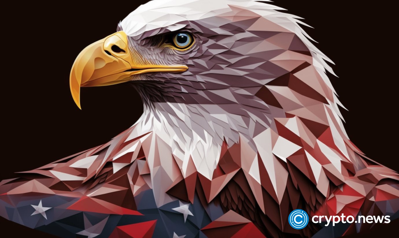 crypto news bald eagle front view portrait cartoon character united states flag on background low poly style