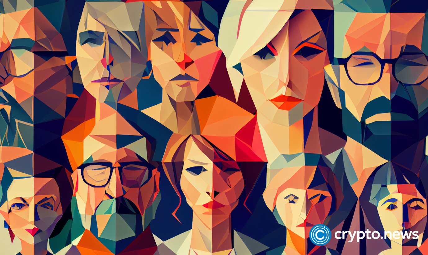crypto news A group portrait of different people bright tones low poly style