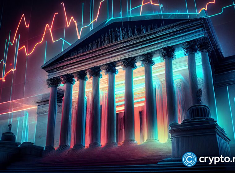 crypto news The American Supreme Court Building blurry trading chart background bright neon color cyberpunk