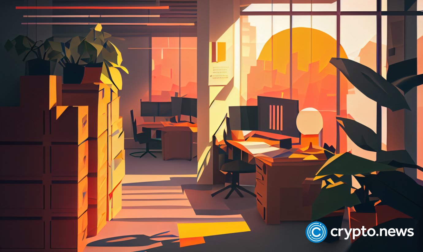 crypto news layoffs office backgroun bright light low poly style