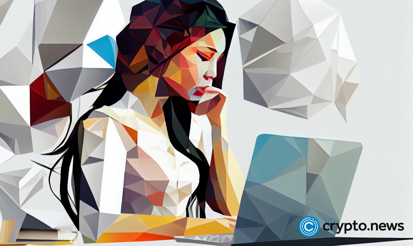 crypto news asian woman working on laptops white office background low poly style