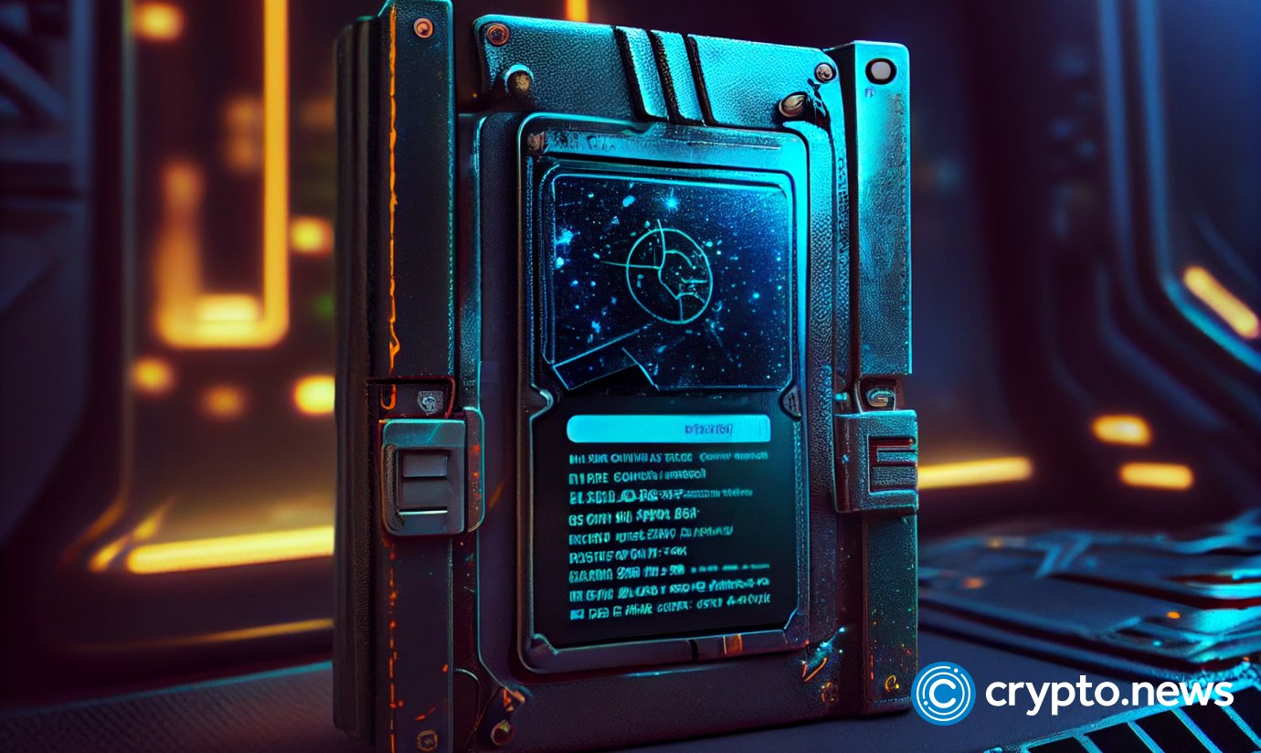 crypto news metal wallet that lies on the control panel of the space station dark neon color galaxy on the background cyberpu