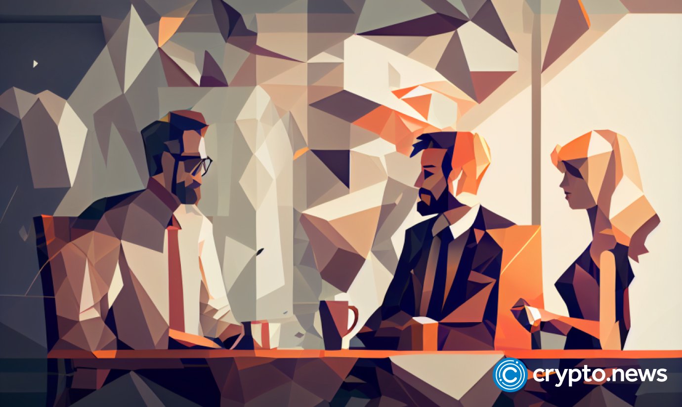 crypto news people talk office background day light low poly style