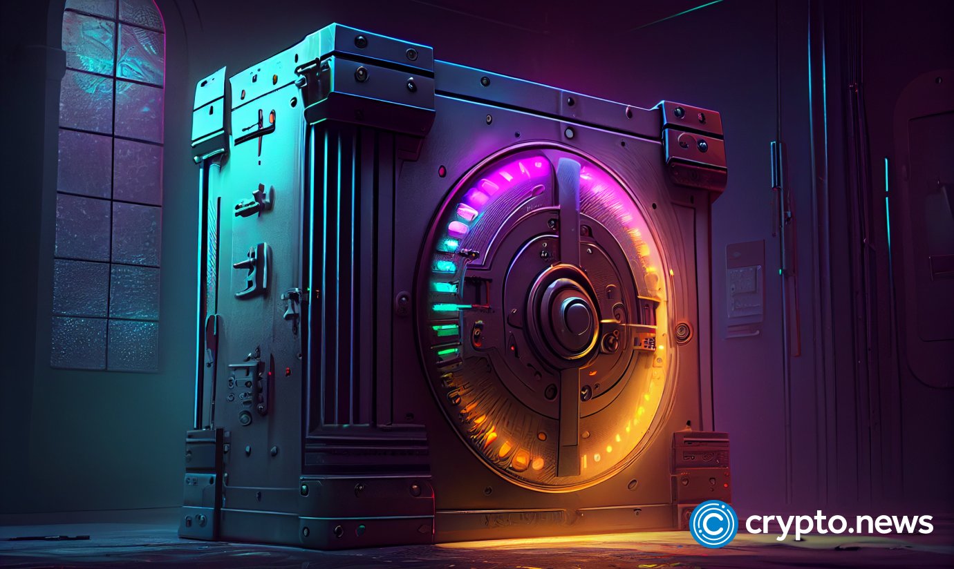 crypto news bank vault side front view blurry background bright neon light cyberpunk