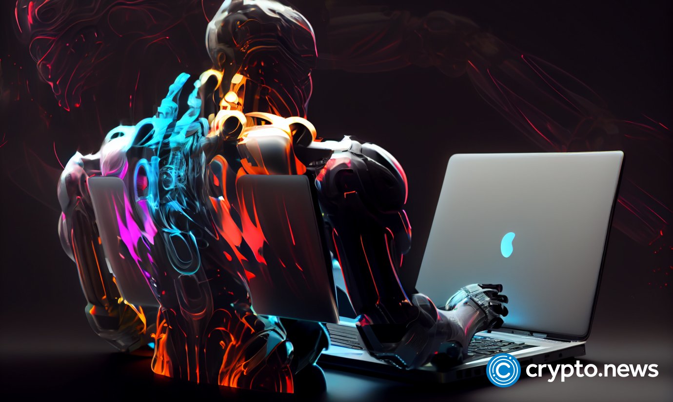 crypto news cyborg working on laptops back side view blurry background bright colores