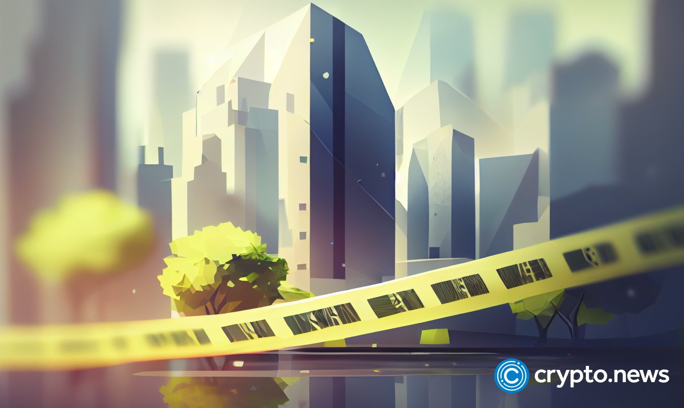 crypto news police tape front side view blurry city background day light low poly styl