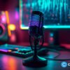 crypto news microphone on the table near the computer decentralized generation of the Internet background brigh neon lights cyberpunk styl