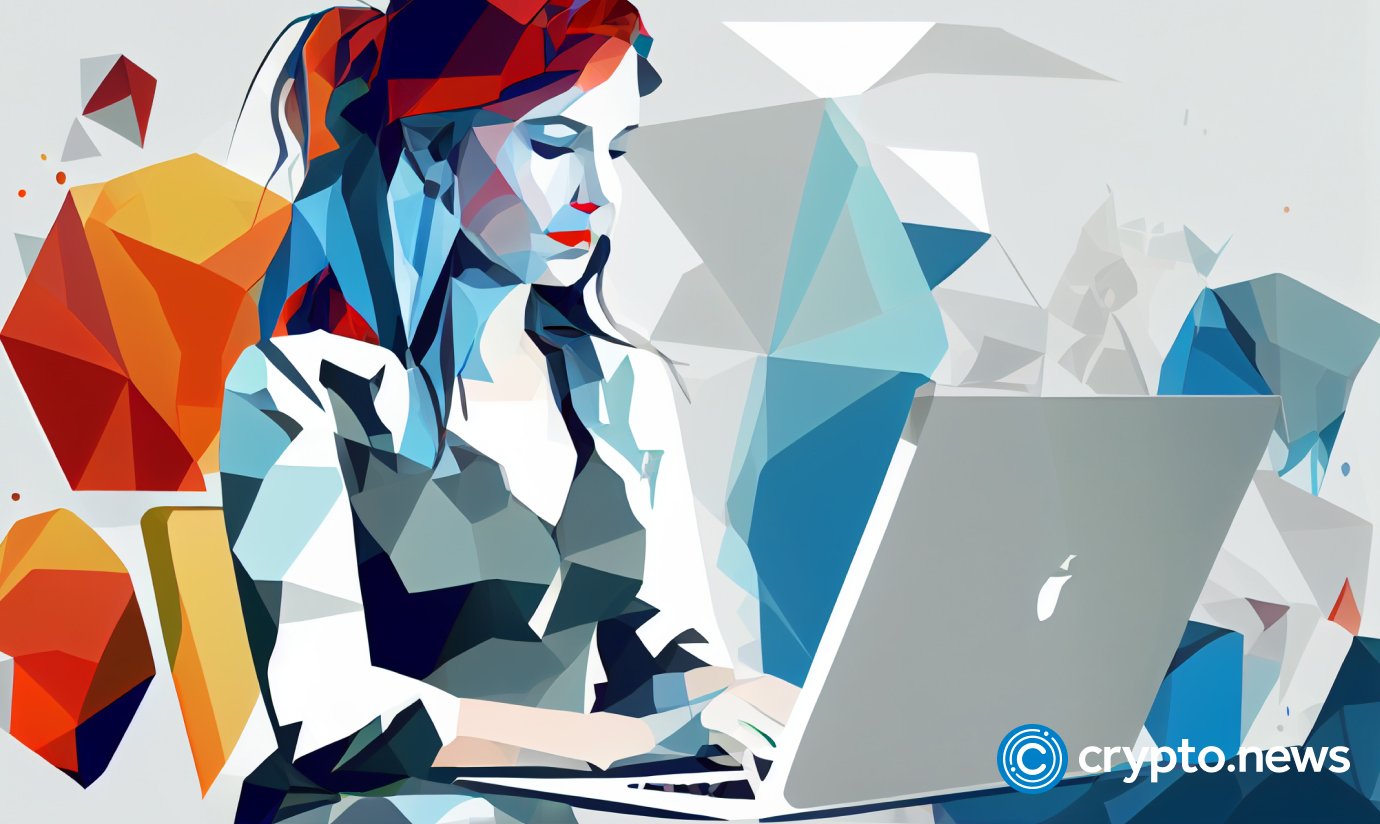 crypto news happy woman working on laptops white office background white and blue colores low poly style