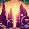crypto news neural networks New York background general view bright tones sixties retro futuristic illustration