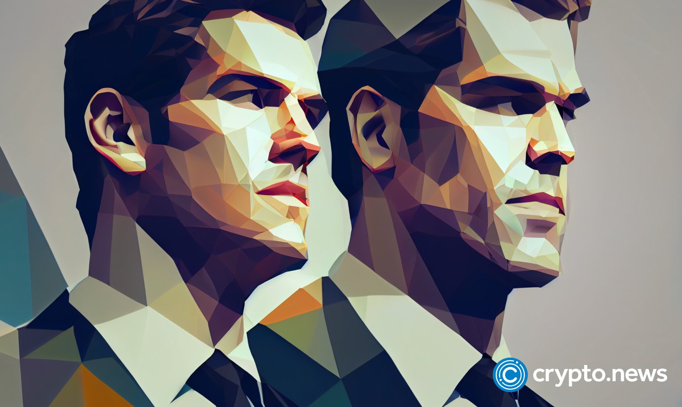 crypto news winklevoss twins front side view blurry office background low poly styl