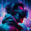 crypto news asian man is wearing a virtual reality glasses side view city background bright neon color cyberpunk