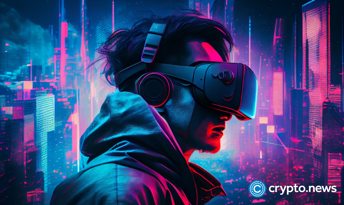 crypto news asian man is wearing a virtual reality glasses side view city background bright neon color cyberpunk