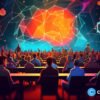crypto news crypto conference blurry background bright neon colores low poly style