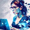 crypto news woman with glasses working on laptops blurry background white and blue colores low poly style1
